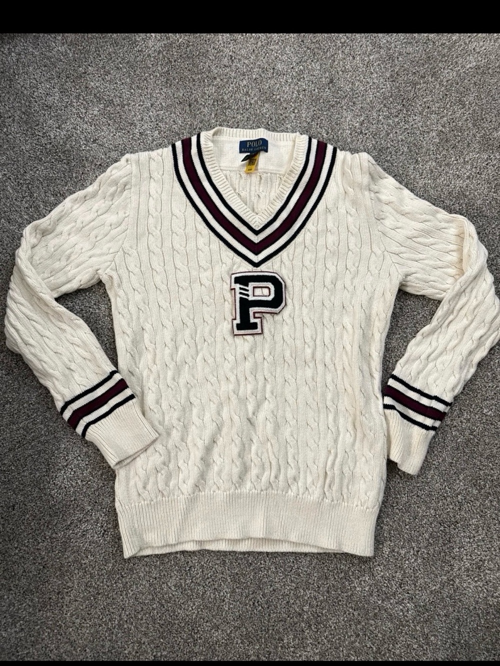 Polo by Ralph Lauren Cream Cable-Knit V-Neck Boys Sweater with Stripe Trim